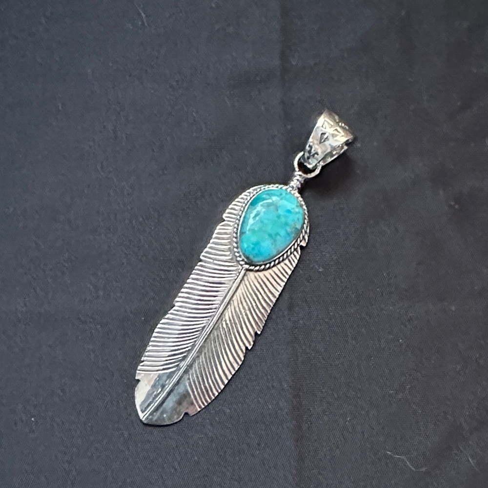 Silver Feather Pendant with Turquoise Stone